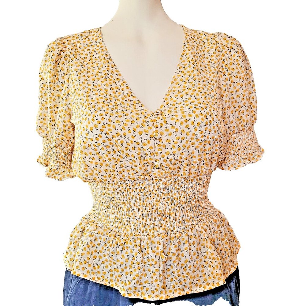 Sienna Sky Floral Yellow & White Short Sleeve Peplum Size Small